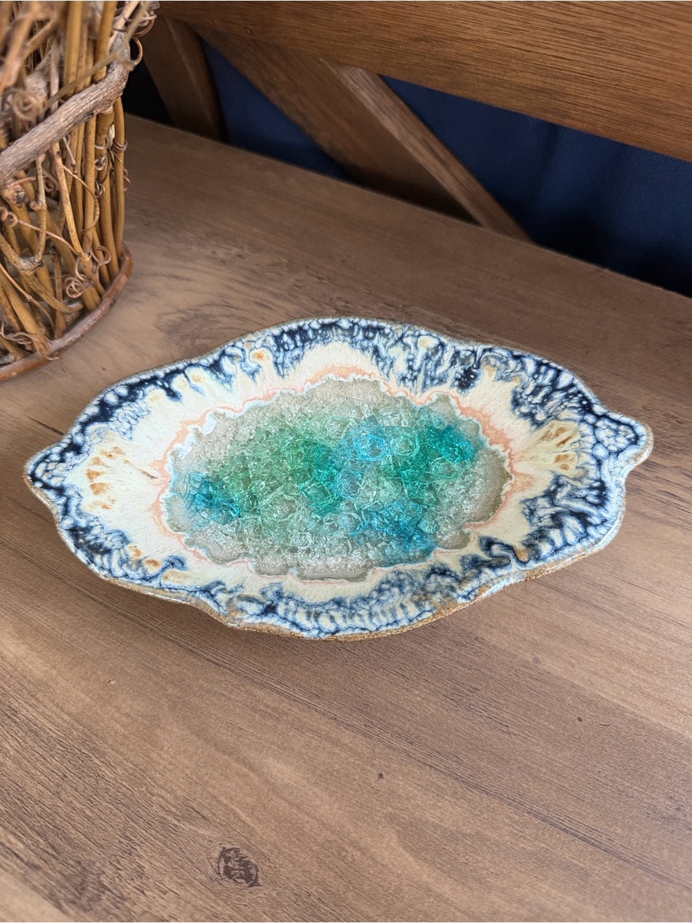 Handcrafted Ceramic Decorative Tray in Blue, Teal and Cream